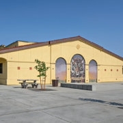 Exterior view of New Academic Building Addition and Plaza at Lemoore High School
