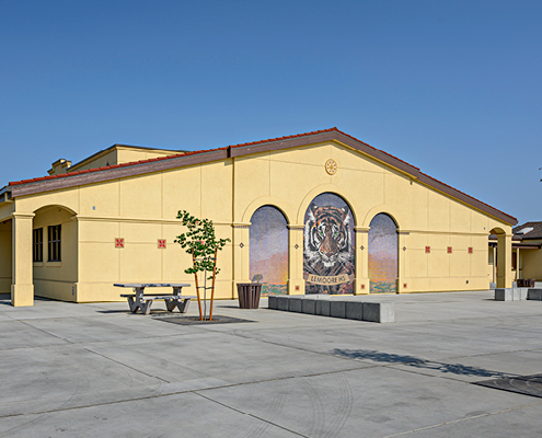Exterior view of New Academic Building Addition and Plaza at Lemoore High School